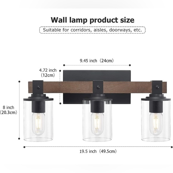 Farmhouse Vanity 3-Light Bathroom Wood Wall Light Over Mirror Clear Glass Shade - Picture 3 of 10